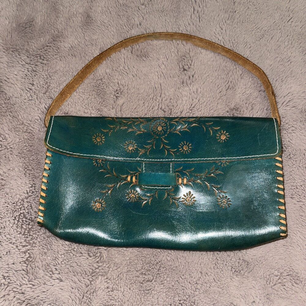 Wabags Small Leather Floral Tooled Purse Dark Teal/Light Brown Fold-Over Flap